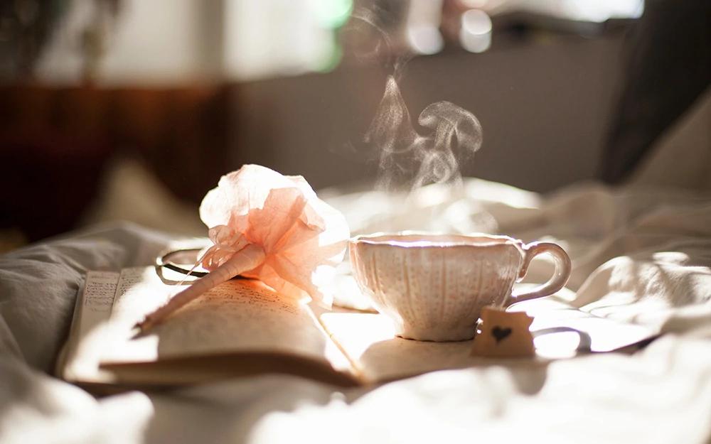 Tasse blanche posée sur un livre.